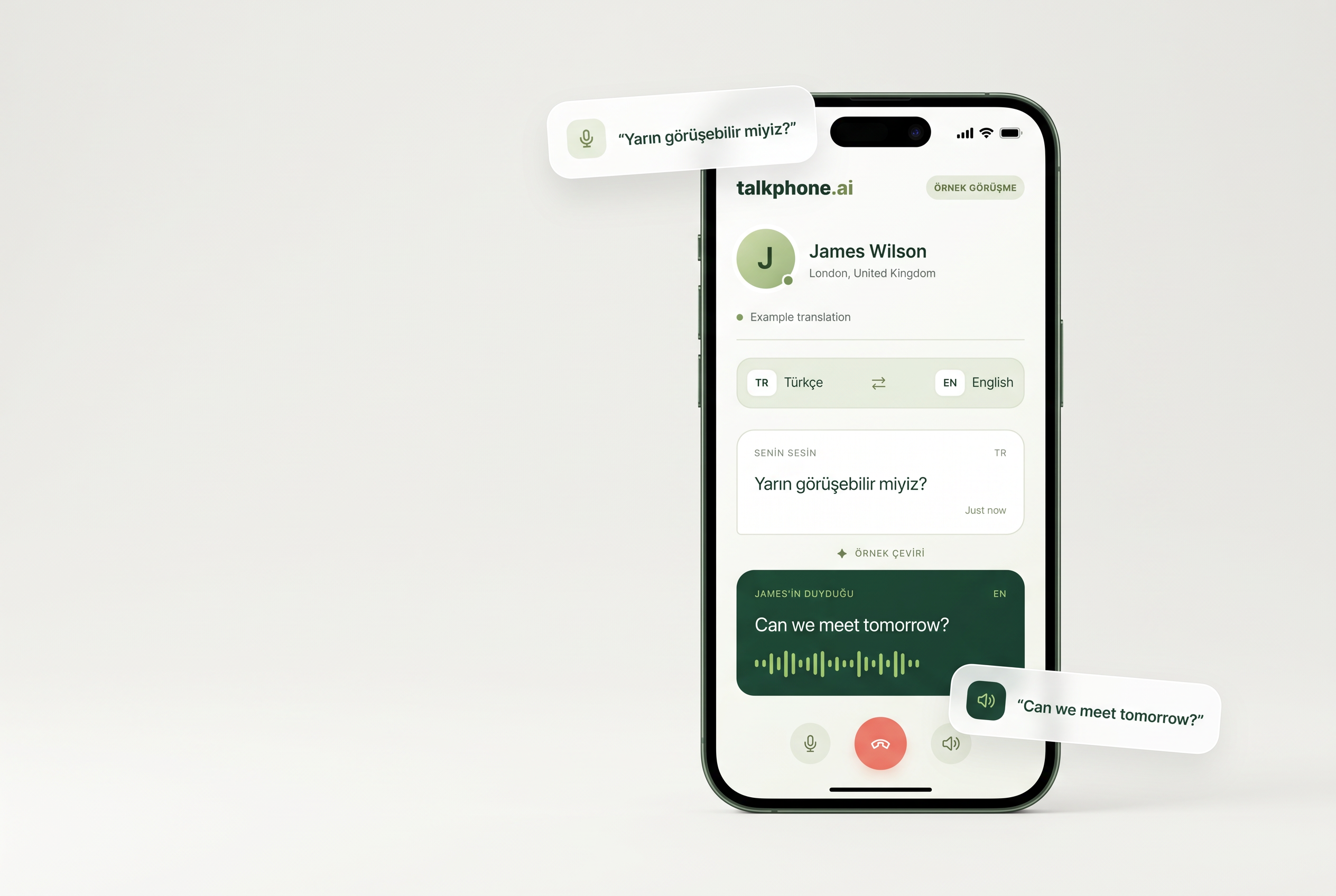 Talkphone telefon tasarımı: Türkçe söylenen ‘Yarın görüşebilir miyiz?’ cümlesinin İngilizce örnek çevirisi